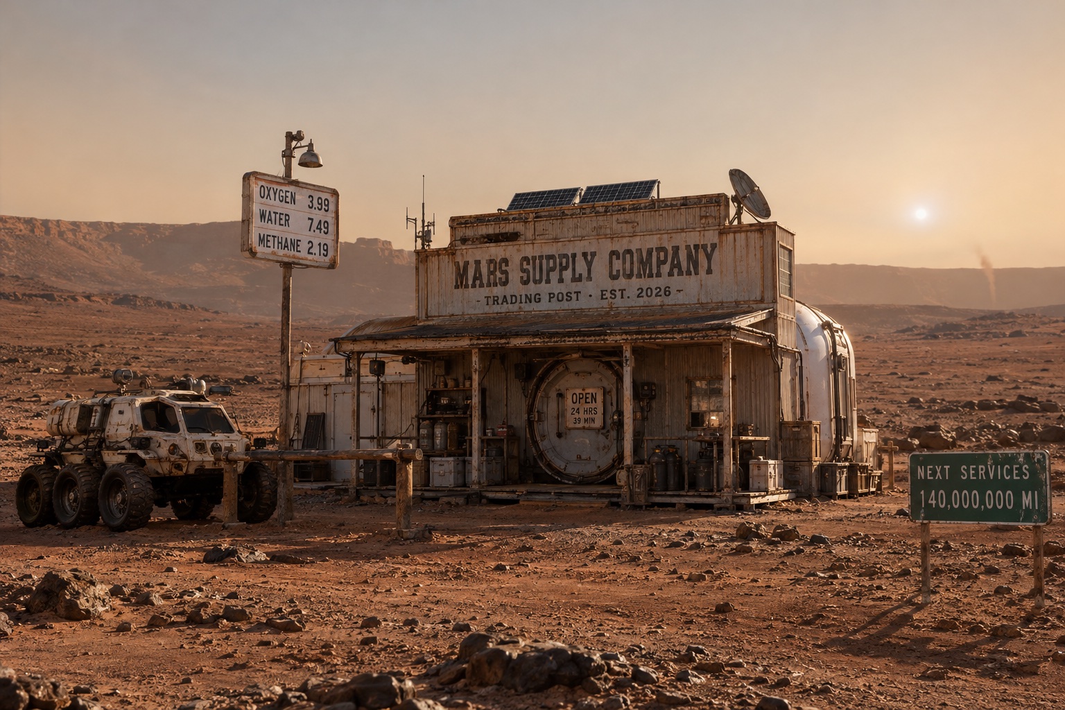 A weathered frontier trading post on the red surface of Mars at sunset. The sign reads “Mars Supply Company — Trading Post, Est. 2026”. A roadside price board lists oxygen 3.99, water 7.49 and methane 2.19, a sign on the airlock door says “Open 24 hrs 39 min”, a dusty six-wheeled rover is tied to a hitching post, and a highway sign reads “Next services 140,000,000 mi”.